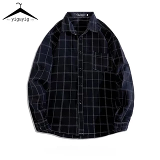 Moda Homem Algodão Manga Comprida Camisa Listrada Coreana Solta Xadrez