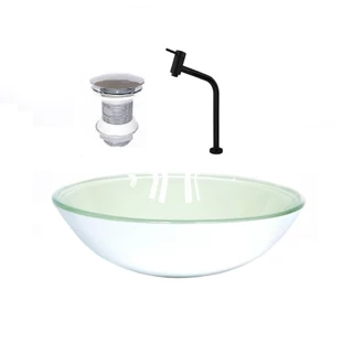 CUBA DE VIDRO REDONDA 31CM BRANCA + VALVULA + TORNEIRA PRETA