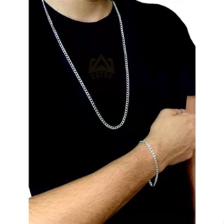 Corrente Cordão Com Pulseira açoc banhado a Prata Masculina 60Cm