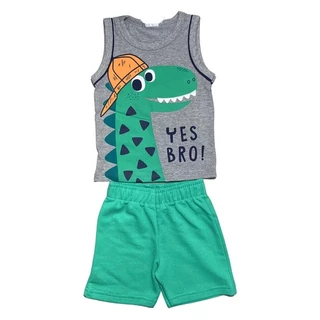Conjunto Infantil Masculino Regata Estampa Dinossauro Malha Bermuda Moletinho Lisa 1-2-3