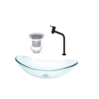CUBA DE VIDRO OVAL 55CM JATEADO VALVULA TORNEIRA PRETA