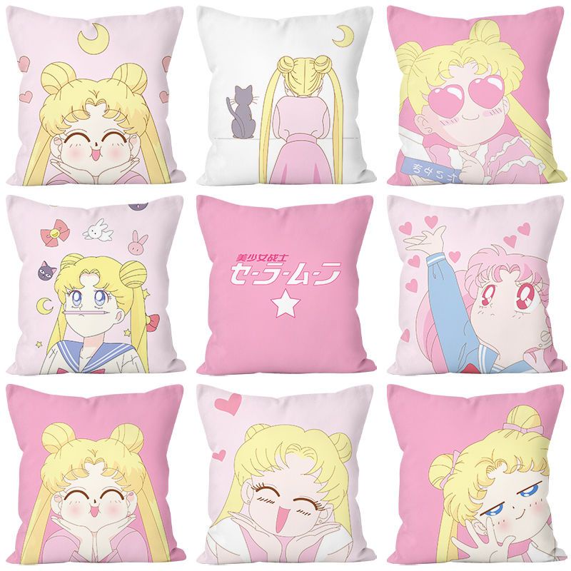 [Dupla face Impresso] Sailor moon Dupla Impressão Lateral Poliéster Cartoon Jogue Fronhas Capa de Almofada Do Carro Sofá Casa Decoração Fronha (without pillow core)