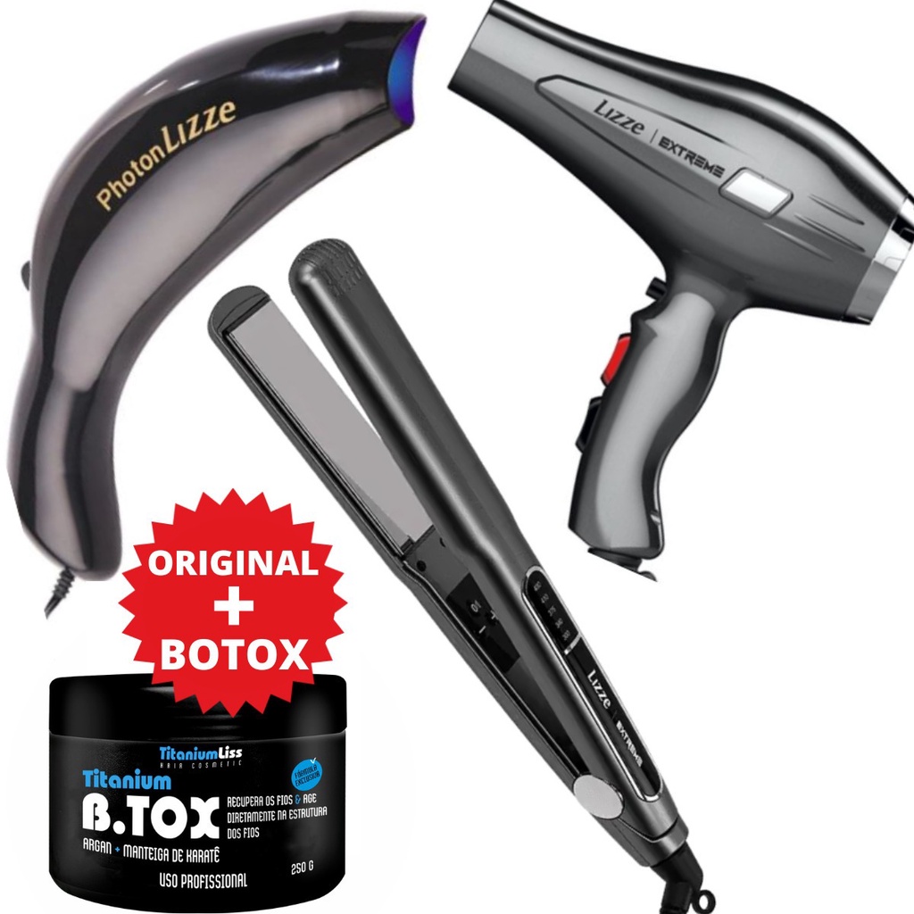Kit Prancha Chapinha Lizze Extreme + Photon Lizze + Secador