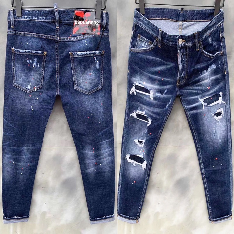 Novos jeans DSQ Desgastados No Índigo Para Homens Slim Furos De