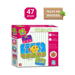 Brinquedo Educativo Didático Descobrindo o Alfabeto - Coleção Madeira Be A  Bá 52 Peças Grandes - Jogo Infantil Pré Escolar 3 Anos 4 Anos 5 Anos - Nig  Ref. 0421
