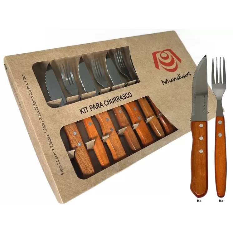 Jogo Talher De Churrasco Jumbo Garfo Faca Cabo Madeira 12 Pç