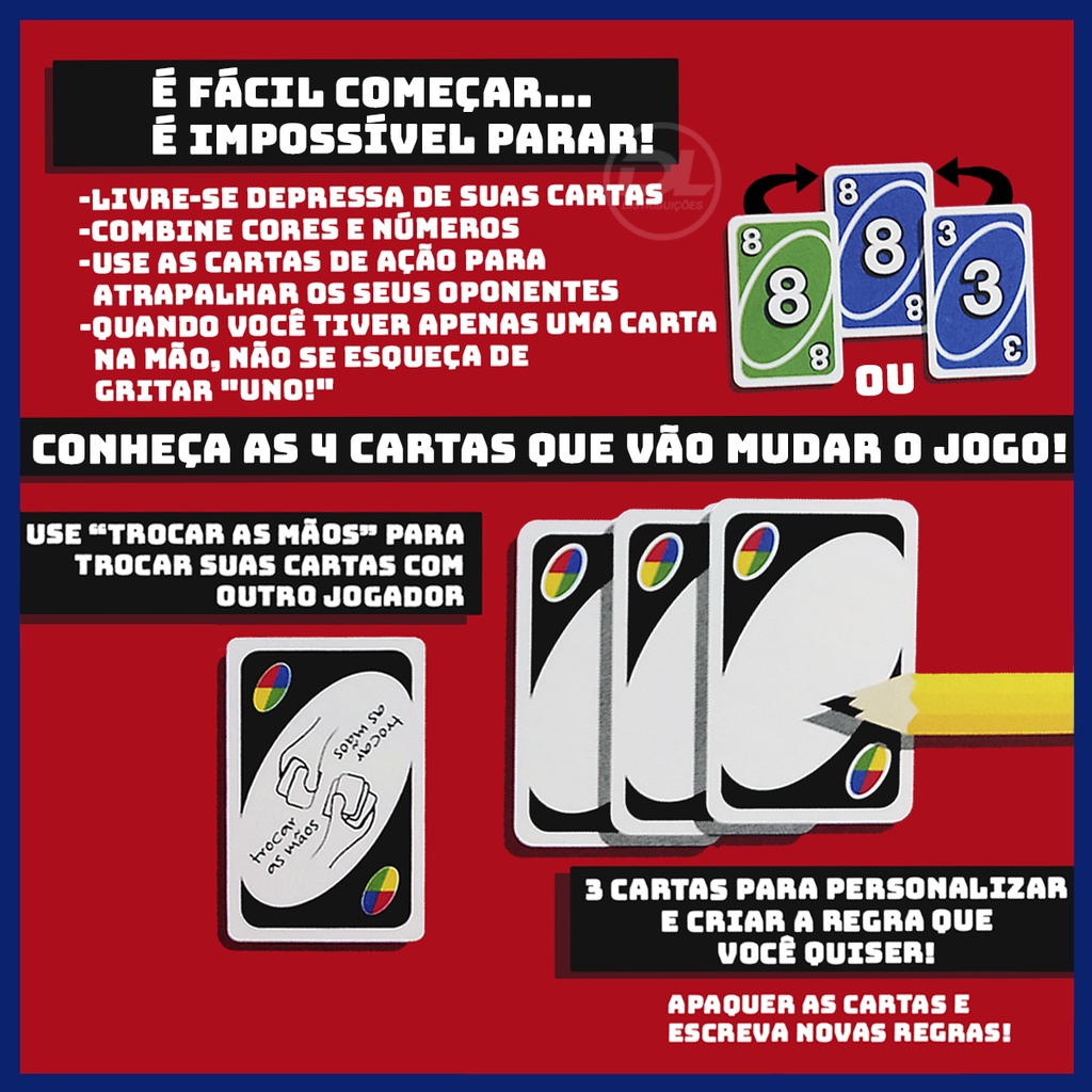Kit Jogo Uno 114 Cartas e Baralho Duplo 104 Cartas Diversão na