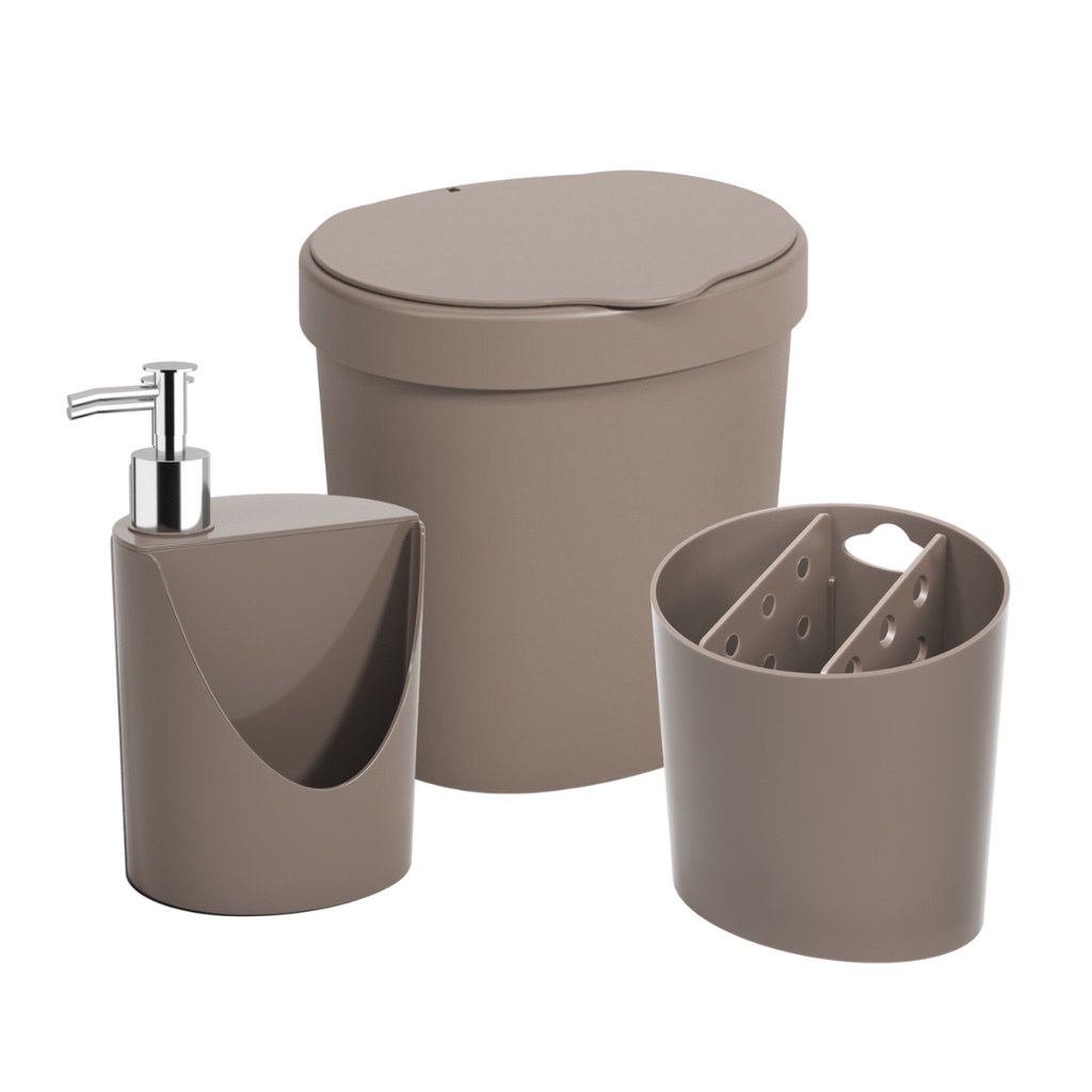 Kit Organizador de Pia Bancada Cozinha 3 Peças Conjunto Escorredor Talheres Lixeira e Dispenser Coza