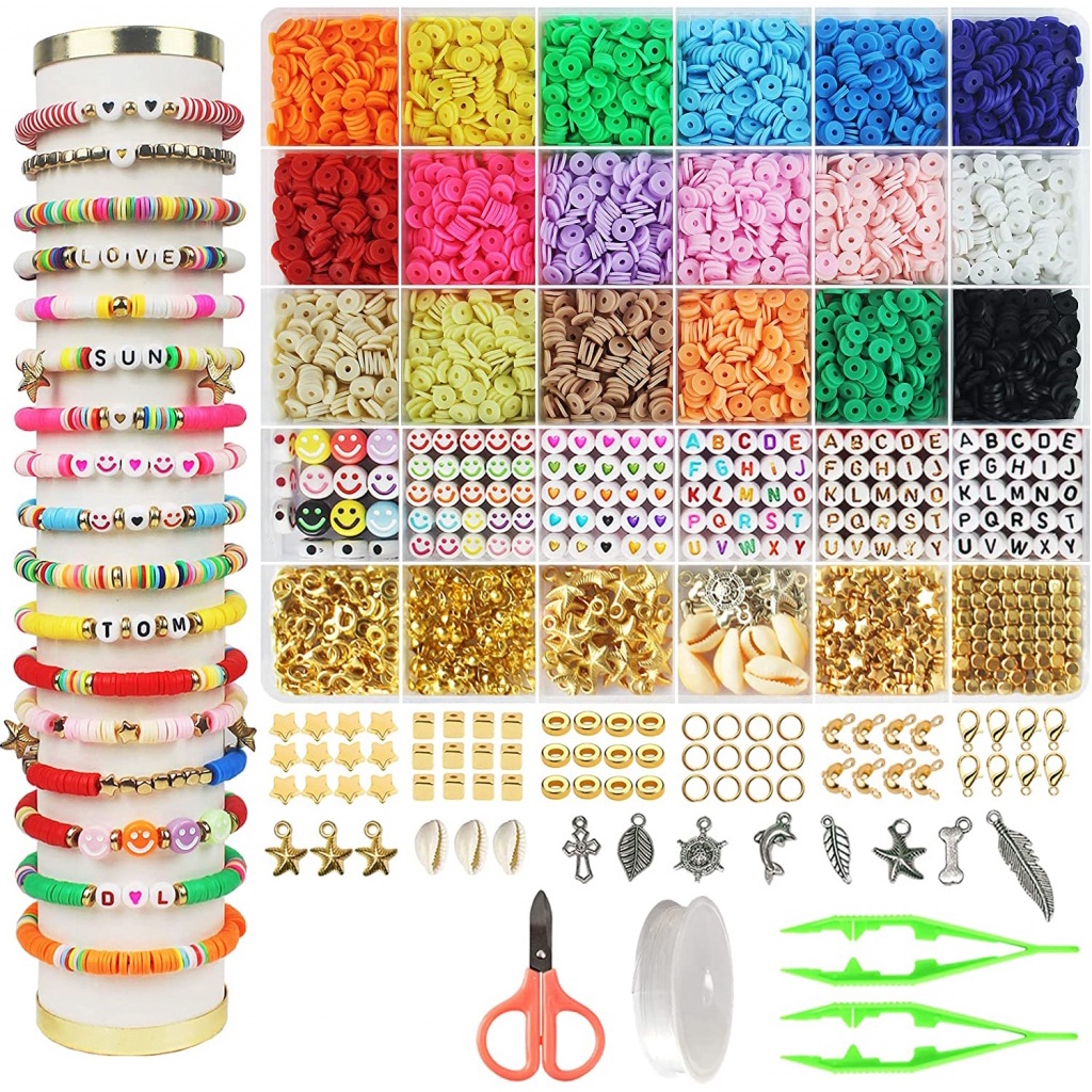 Contas de argila para fabricação de joias – contas de argila de polímero  plana de 6 mm com contas do alfabeto e mais – Kit de fabricação de  pulseiras com tudo incluído