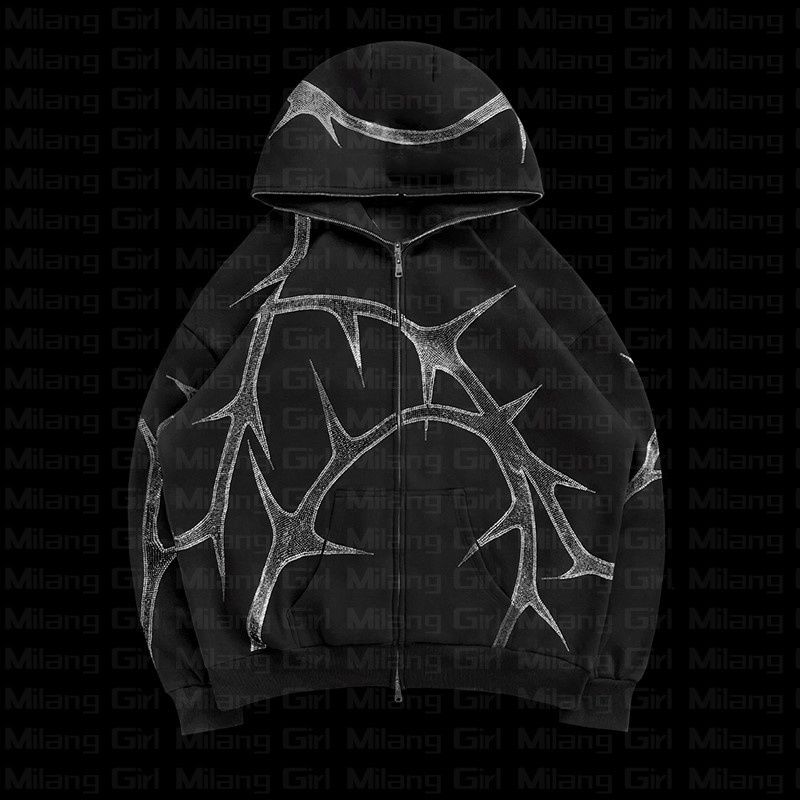 20000s Gótico Y2K Rhinestone Camiseta Gráfica Zip-up Hoodie Roupa
