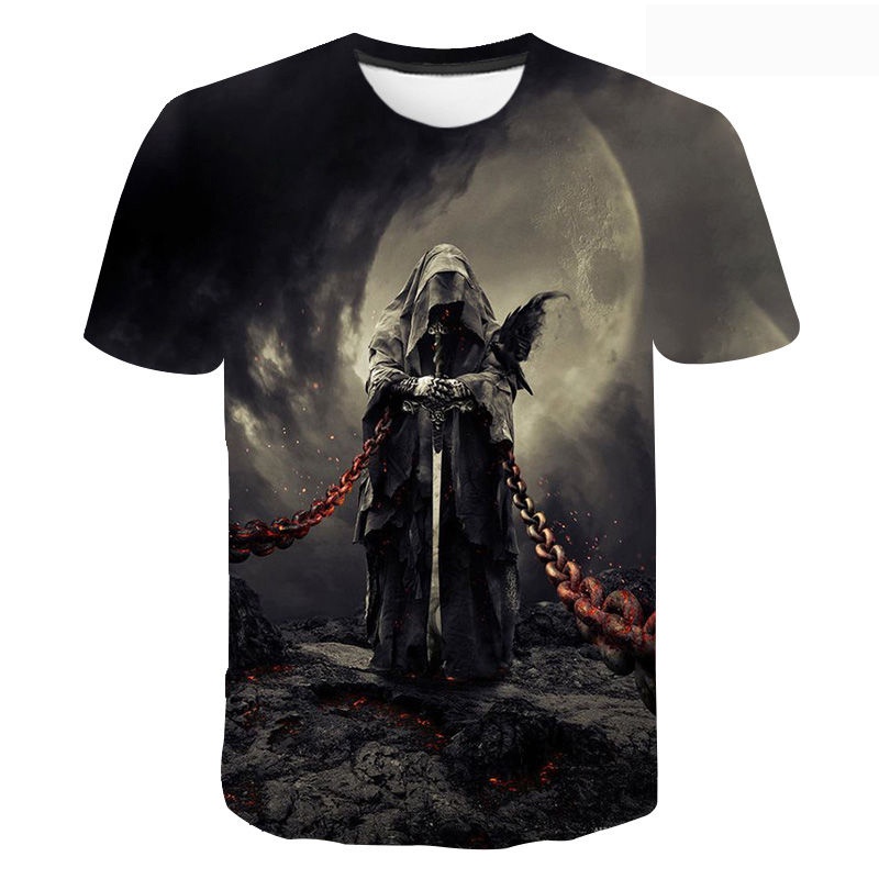 2023 Crânio Ceifador 3DO Colarinho De Pé Manga Curta Harajuku Fashion Street Camiseta Hip Hop