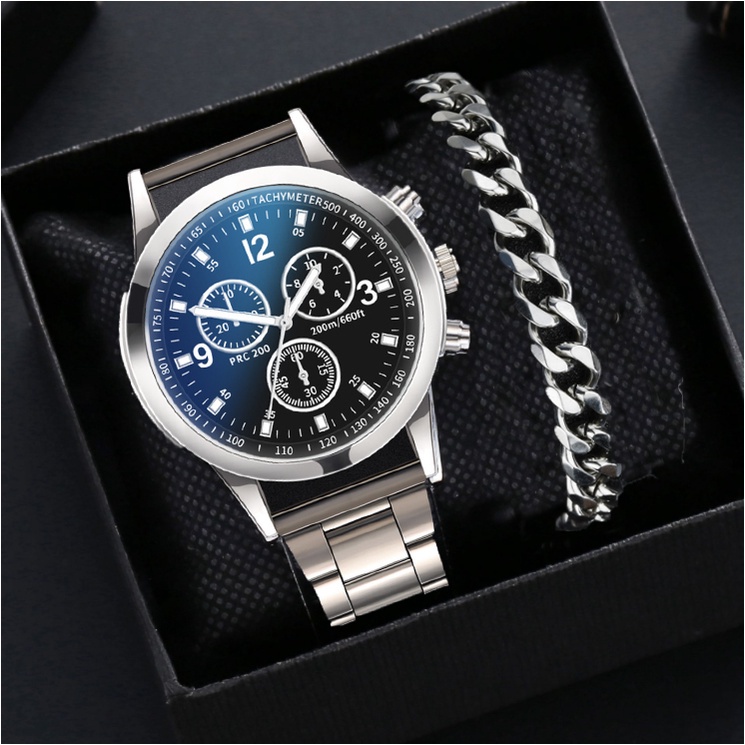 【 Watch + Bracelet 】 New Relógio De Moda Masculino Falso Três Olhos Casual Azul Claro De Vidro