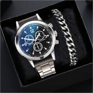 【 Watch + Bracelet 】 New Relógio De Moda Masculino Falso Três Olhos Casual Azul Claro De Vidro