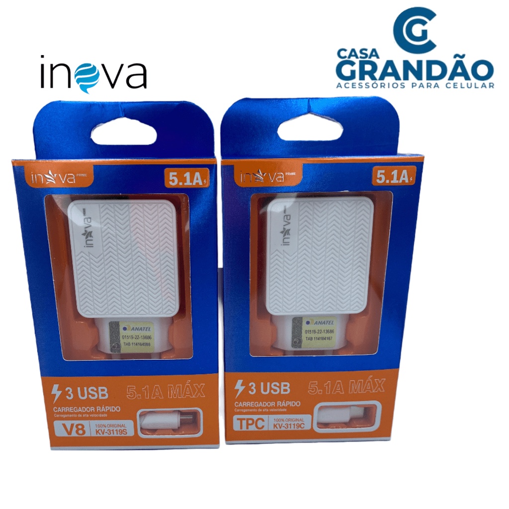 Carregador celular rápido 5.1a entrada tipo-c/v8 3 usb inova prime