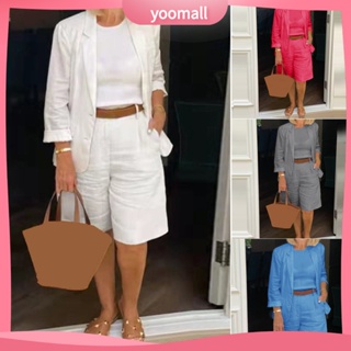 [YM] 1 Conjunto Blazer Half Shorts Cor Sólida Botões De Verão De Um Só Peito Para O Escritório