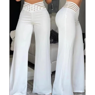 2023 Calça de Primavera Verão Moda Moda Feminina de Verão Calça de Micro-Aba de Cintura Alta Calça Casual de Perna Larga