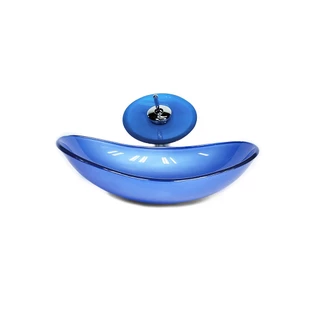 CUBA DE VIDRO OVAL 55CM AZUL ESCURO VALVULA TORNEIRA CASCATA