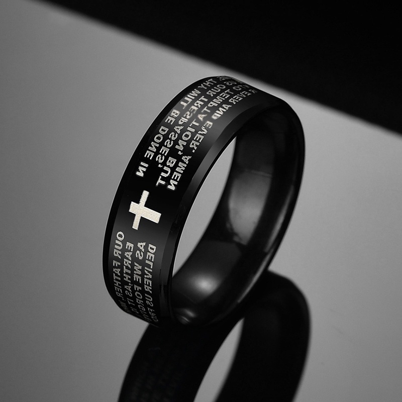Jovem E Elegante Anéis Inoxidável Cor Preta Jesus Cruz Anel Carta Bíblia Oração Dedo Anéis Para Homens 8mm Amuleto Jóias
