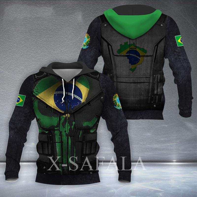 Brasil Mapa Do País Bandeira Skull 3D Capuz Impresso Homem Feminino Moletom