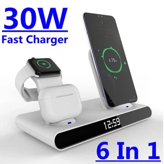 6 Em 1 Carregador Rápido Sem Fio De 30W De Estação De Doca Para IPhone 13 12 11 Suporte De Carregamento Pro Relógio Apple 7 6 SE AirPods
