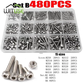 480 Pçs Conjunto De Parafusos M2 M3 M4 304 Aço Inoxidável Allen Parafuso Hex Hexágono Soquete Cabeça Tampa Porca Variedade Kit