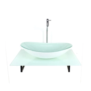 KIT CUBA DE VIDRO OVAL COM TAMPO 60CM BRANCO FULL E SUPORTE PRETO