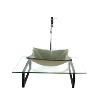 KIT CUBA DE VIDRO QUADRADA CHAMPANHE COM TAMPO 60CM INCOLOR E SUPORTE PRETO