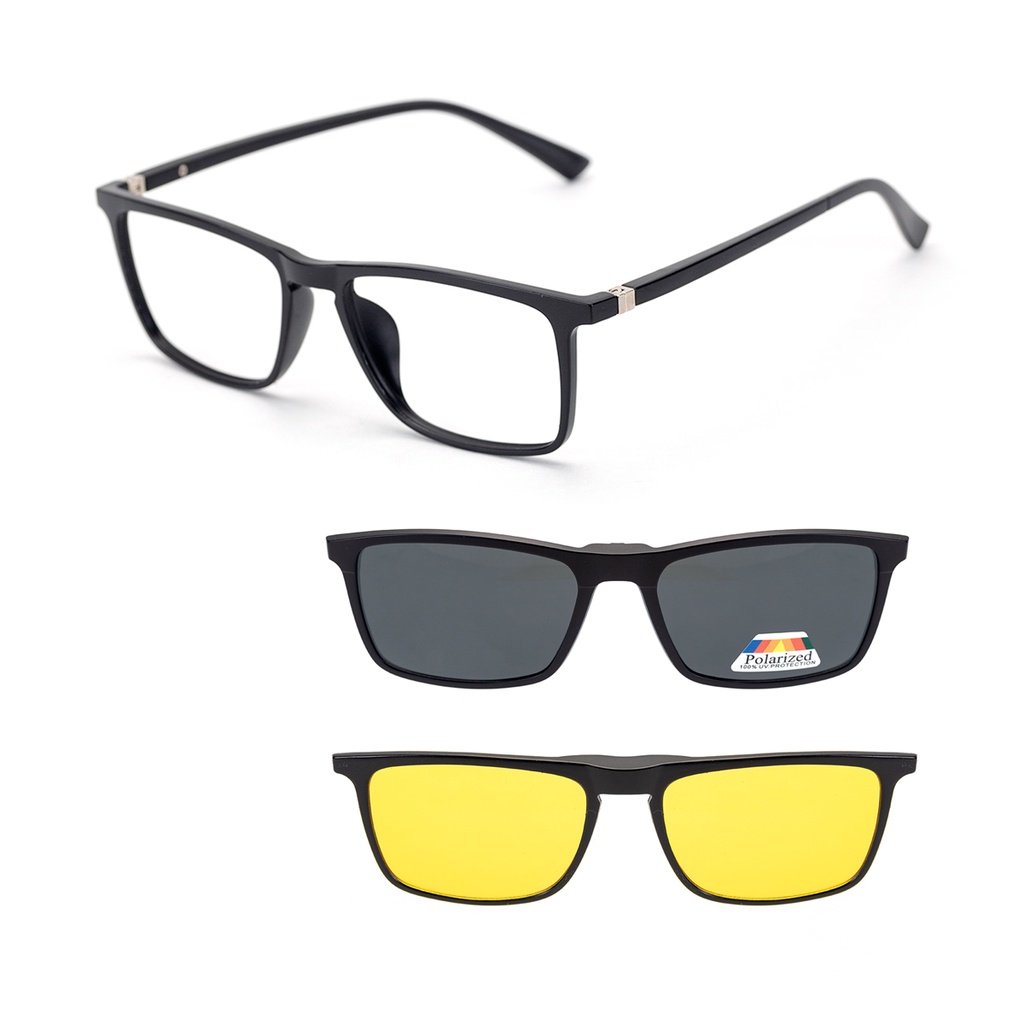 Armação de Oculos Grau e Sol Preto Polarizado Clip On 3 em 1 Masculino Troca Lente Amarelo Dirigir a Noite Mod 2249