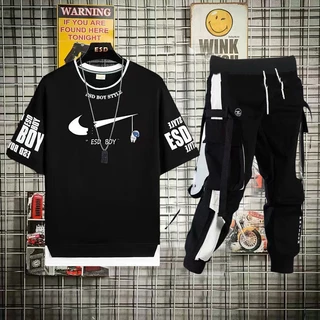 Calça Cargo Feminina Masculina Preta + Hem Print Streetwear Camiseta Manga Curta Conjunto Larga