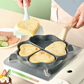 4 Buraco Frying Pan Non Stick Breakfast Burger Egg Pancake Maker Punho De Madeira Pedra Médica Quatro Buracos Omelete Pan Breakfast Maker