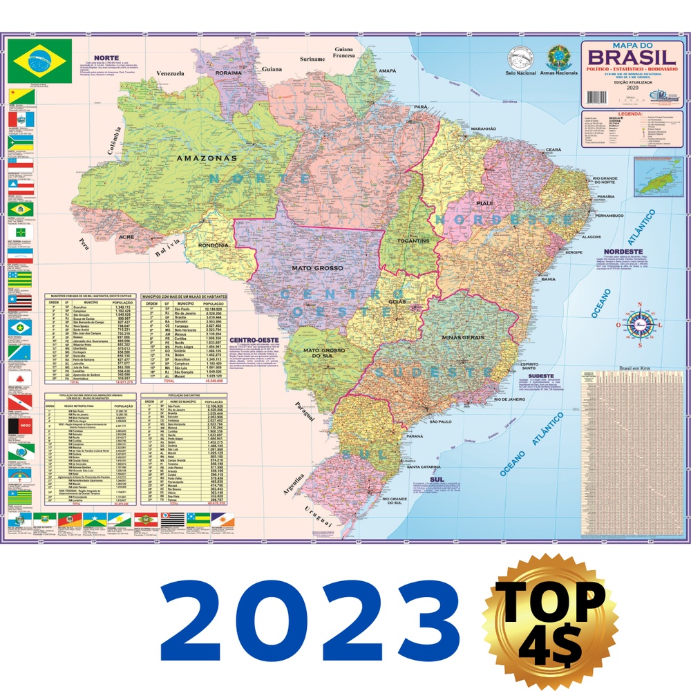 Mapa Brasil Politico Regional Rodoviário Poster Gigante Escolar