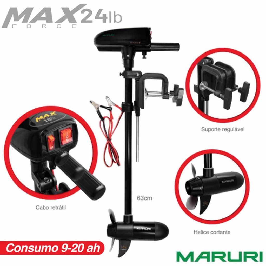 Motor de Barco Caiaque Max Force Elétrico Maruri 24Lbs 12v