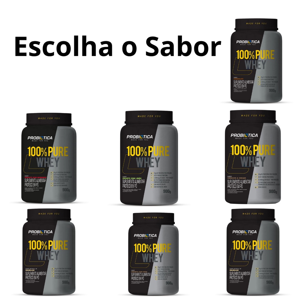 Whey 100% Pure Whey Probiótica Pote 900g Escolha o Sabor Suplemento Alimentar Whey Protein