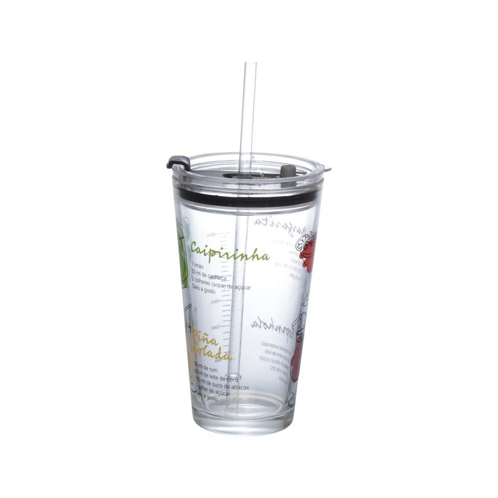 Copo para Drink Celebrate em Vidro com Canudo e Tampa 450ml 15,5x9x9cm - Hauskraft