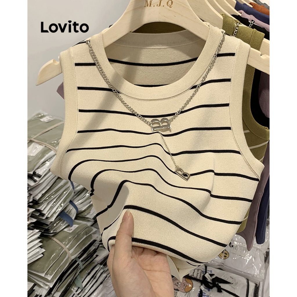 Lovito Casual Blusa Feminina Listrada Básica Sem Mangas com Gola Redonda LNA07011 (Branca/Verde)