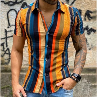 Camisa Casual Listrada Slim Fit Manga Curta Moda Verão C012