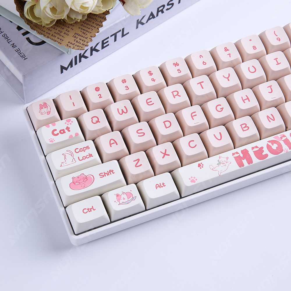 Kawaii gatos anime personalidade bonito rosa keycaps cereja perfil