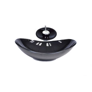 CUBA DE VIDRO OVAL 55CM PRETA VALVULA TORNEIRA CASCATA