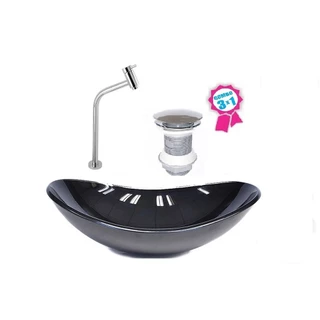 CUBA DE VIDRO OVAL 55CM PRETA VALVULA CLICK TORNEIRA METAL