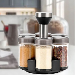 Organizador de Temperos/Condimentos com Suporte Giratório em Inox e 6 Frascos de Vidro
