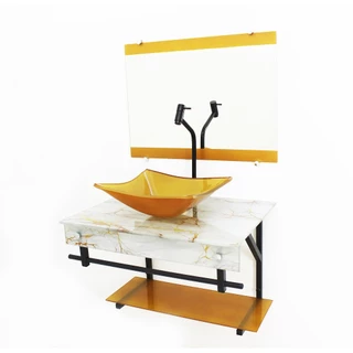 GABINETE DE VIDRO 60CM APX COM CUBA QUADRADA MÁRMORE BRANCO DOURADO