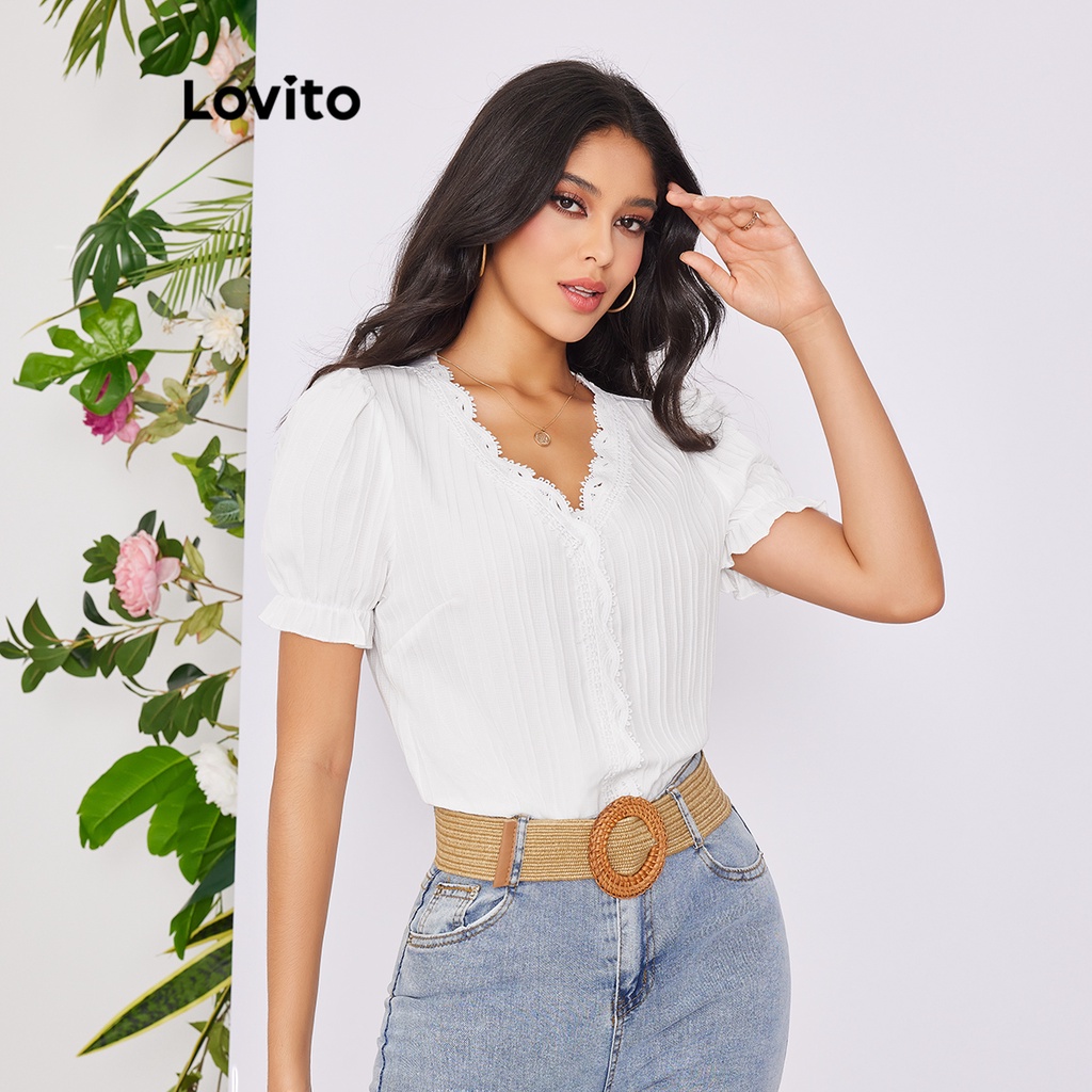 Lovito Blusa Feminina De Manga Bufante Casual Lisa Com Costura E Tecido De Renda LBE02106 (Branco)