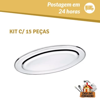 Kit 15 Bandeja Travessa 25cm Aço Inox Porção Oval Batata Salada