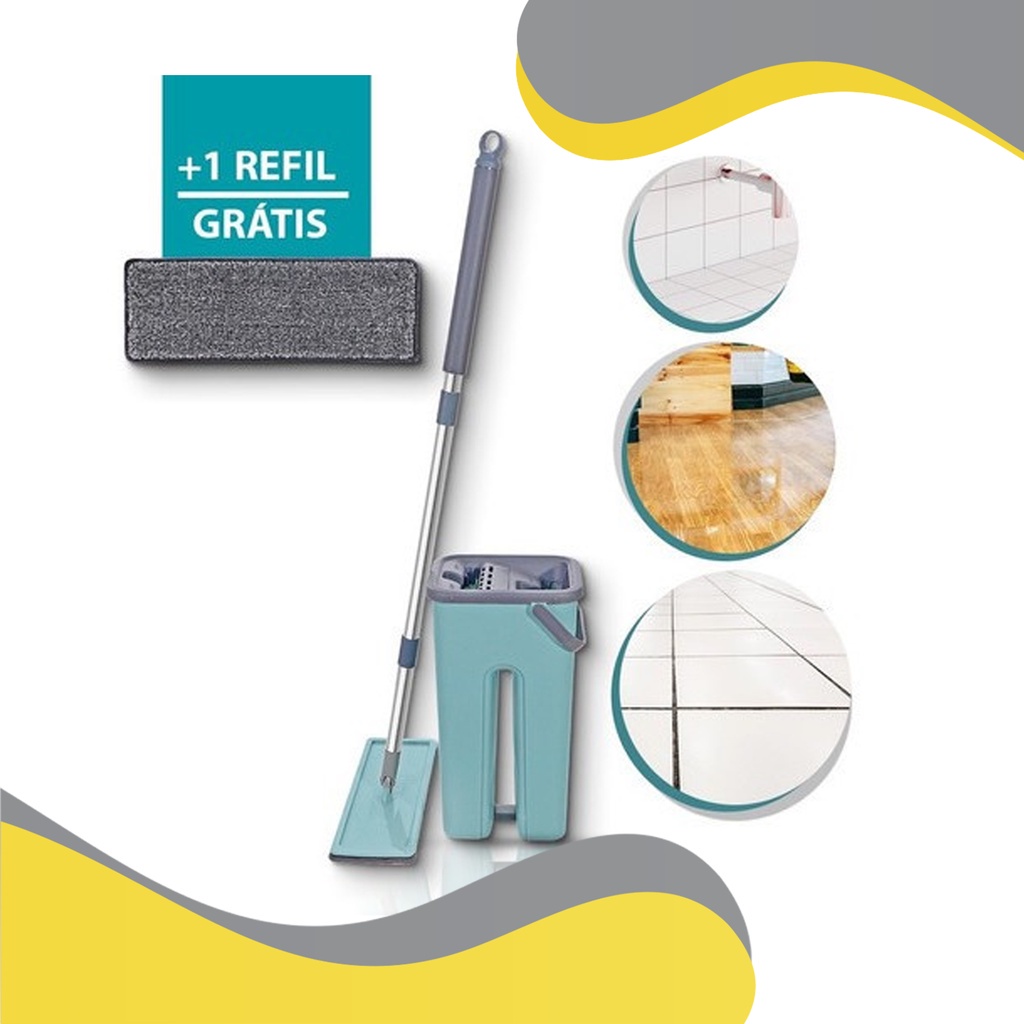 Flat Mop 2 Refis Esfregão Com Balde Rodo Mágico Lava Seca Tira Pó