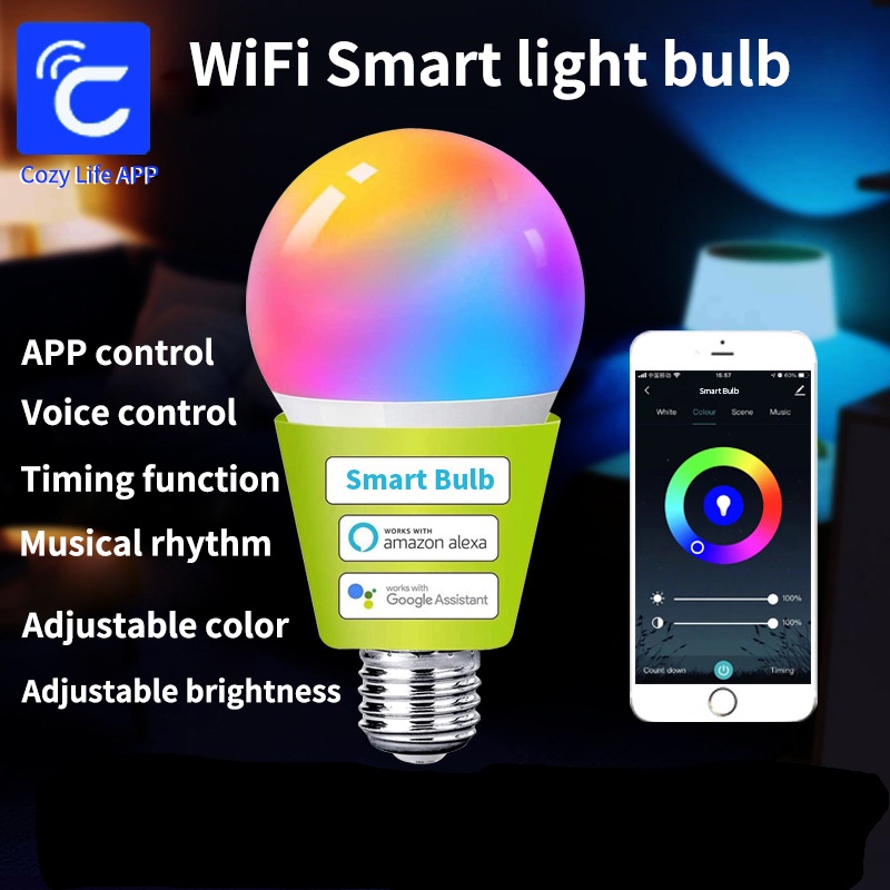 Lâmpada Wifi E27 Smart Bulb 9W LED RGB + Luz Branca Função Temporizador Regulável Controle De Telefone Com Colorida Suporta Alexa/Google Home Voice Control