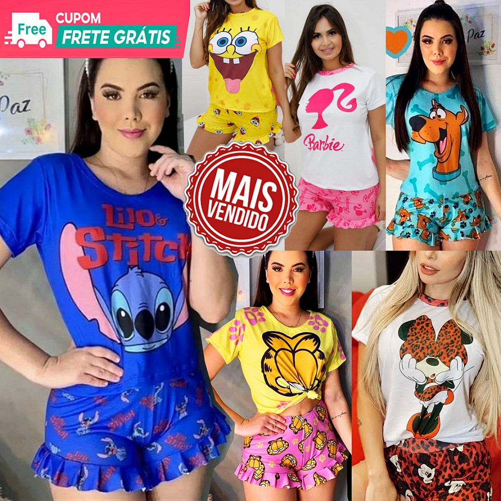 Pijama Verão Blusinha com Shorts Baby Doll Luxo Personagens