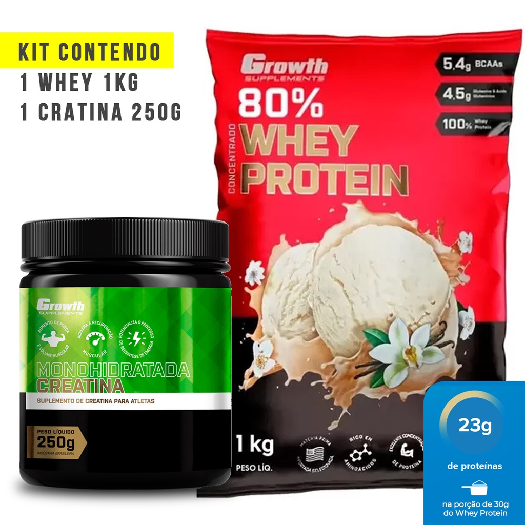 Kit Whey Protein 1kg Baunilha + Creatina Growth 250g