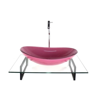 KIT CUBA DE VIDRO OVAL ROSA COM TAMPO 60CM INCOLOR E SUPORTE TORNEIRA VALVULA
