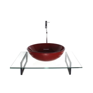 KIT CUBA DE VIDRO REDONDA VERMELHO CEREJA COM TAMPO 60CM INCOLOR E SUPORTE PRETO