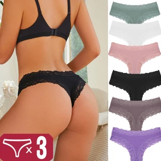 3PCS Calcinha De Renda Sexy Para Mulheres Cor Sólida Calça Brasileira Pura De Algodão Respirável Confortável Feminina S-XL